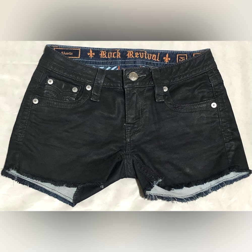Rock Revival | Shimmery Black Alayna Mid Rise Raw Hem Shorts